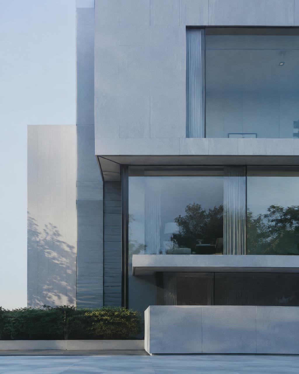Fachada de arquitectura modernista en luz suave de mañana